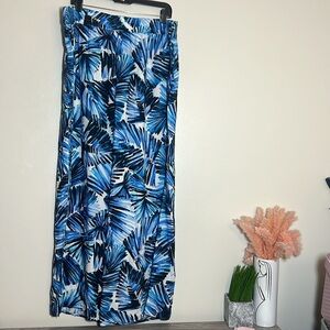 Mynah Blue & White Tropical Palm Leaf Wide Leg Beach Swim Cover Up Pants XXL